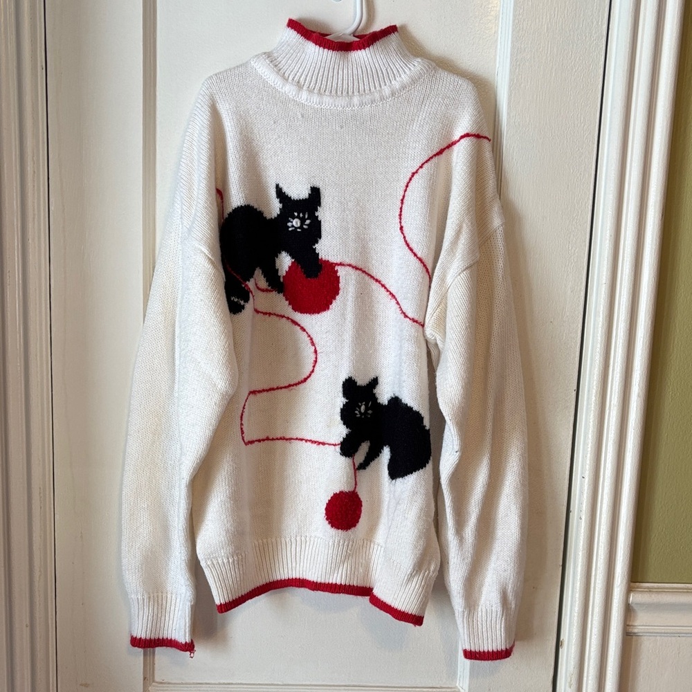 Cozy White Turtleneck Sweater with Cat Design